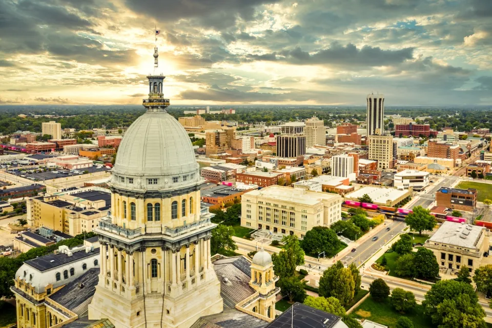 Aerial view of Missouri state capitol in Springfield, MO at golden hour.